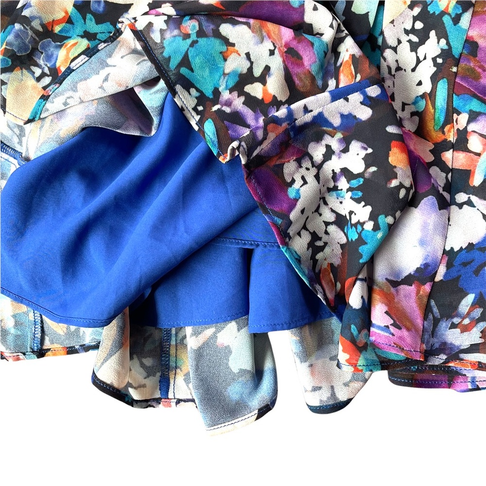 BELLE BADGLEY MISCHKA BLUE PURPLE MULTICOLOR FLORAL V-NECK MINI DRESS - Picture 10 of 16